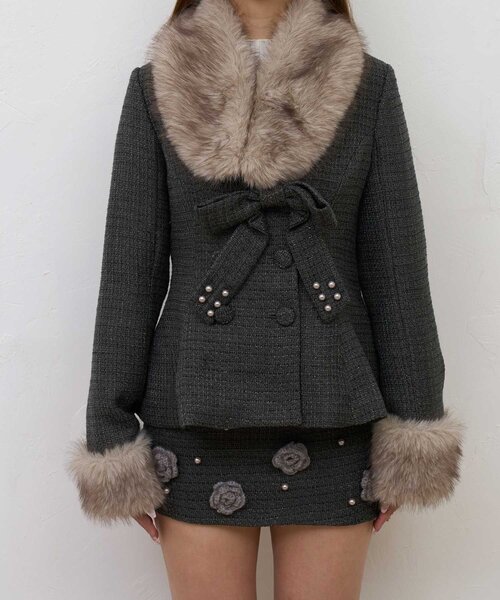 Belle Charme(ベルシャルム)の「【Belle Charme】Fur Tweed Peplum Jacket(テーラードジャケット・レディース・アイボリー/グレー・FREE)」の8枚目の写真
