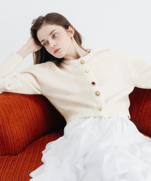 EIMY ISTOIRE(エイミーイストワール)の「BIJOU KNIT CARDIGAN(ノーカラージャケット・レディース・オフホワイト/ブラウン/ブラック/チャコールグレー・FREE)」の1枚目の写真