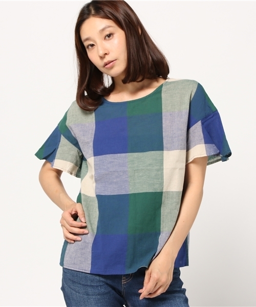 POU DOU DOU（プードゥドゥ）の「綿麻ボイル先染めフレアー袖ブラウス（シャツ/ブラウス・レディース・グリーン系その他/ブルー系その他/グレー系その他・3）」の11枚目の写真