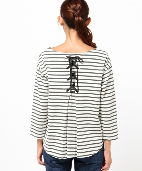 archives(アルシーヴ)の「レースアップ ボーダーカットソー(Tシャツ/カットソー・レディース・カーキ/ネイビー/オフホワイト・MEDIUM)」の8枚目の写真