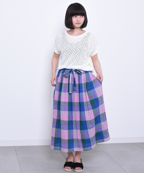 POU DOU DOU(プードゥドゥ)の「ブロックcheckリボンベルトロングスカート(スカート・レディース・イエロー/ネイビー/ピンク・3)」の3枚目の写真