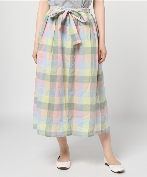 POU DOU DOU(プードゥドゥ)の「ブロックcheckリボンベルトロングスカート(スカート・レディース・イエロー/ネイビー/ピンク・3)」の7枚目の写真