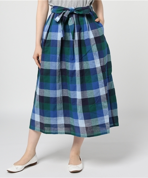 POU DOU DOU(プードゥドゥ)の「ブロックcheckリボンベルトロングスカート(スカート・レディース・イエロー/ネイビー/ピンク・3)」の2枚目の写真
