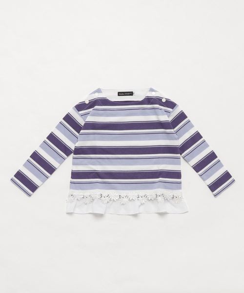 BeBe(ベベ)の「BeBe/モダールボーダ―裾レースカットソー(Tシャツ/カットソー・キッズ・パープル/ピンク・100/110/120/130/140/150/80/90)」の1枚目の写真