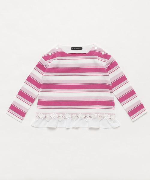 BeBe(ベベ)の「BeBe/モダールボーダ―裾レースカットソー(Tシャツ/カットソー・キッズ・パープル/ピンク・100/110/120/130/140/150/80/90)」の2枚目の写真