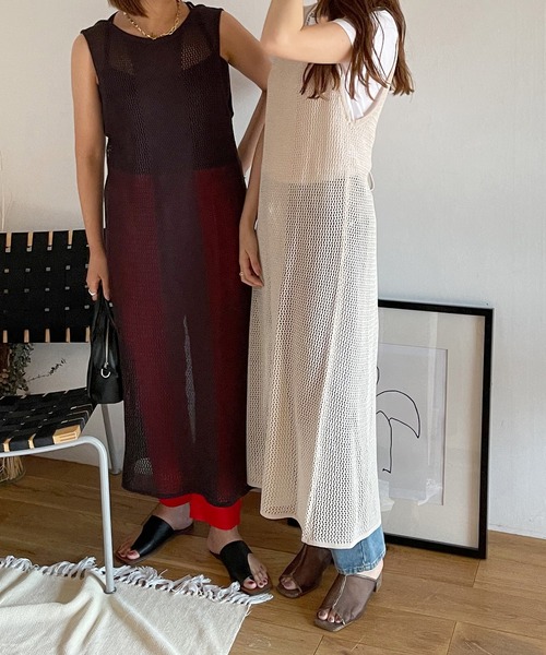 Shelly island（シェリーアイランド）の「2WAYメッシュ編みロングプルオーバー/カーディガン（カーディガン/ボレロ・レディース・チャコールグレー/ベージュ・FREE）」の7枚目の写真