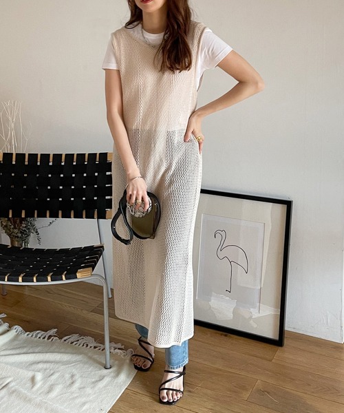 Shelly island（シェリーアイランド）の「2WAYメッシュ編みロングプルオーバー/カーディガン（カーディガン/ボレロ・レディース・チャコールグレー/ベージュ・FREE）」の14枚目の写真