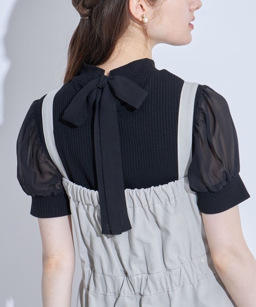 tocco closet（トッコ　クローゼット）の「後ろりぼん付きシフォンスリーブ切り替えリブカットプルオーバー（Tシャツ/カットソー・レディース・オフホワイト/ピンク/ブラック・M）」の3枚目の写真