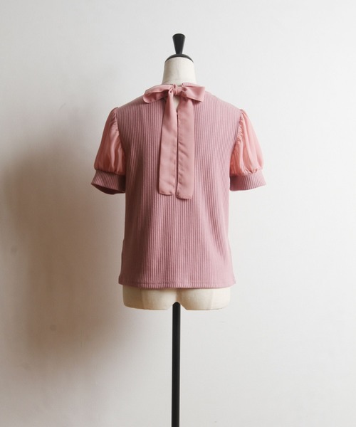 tocco closet（トッコ　クローゼット）の「後ろりぼん付きシフォンスリーブ切り替えリブカットプルオーバー（Tシャツ/カットソー・レディース・オフホワイト/ピンク/ブラック・M）」の5枚目の写真
