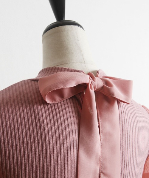 tocco closet（トッコ　クローゼット）の「後ろりぼん付きシフォンスリーブ切り替えリブカットプルオーバー（Tシャツ/カットソー・レディース・オフホワイト/ピンク/ブラック・M）」の10枚目の写真