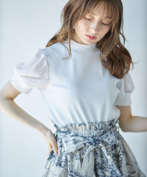 tocco closet（トッコ　クローゼット）の「後ろりぼん付きシフォンスリーブ切り替えリブカットプルオーバー（Tシャツ/カットソー・レディース・オフホワイト/ピンク/ブラック・M）」の6枚目の写真