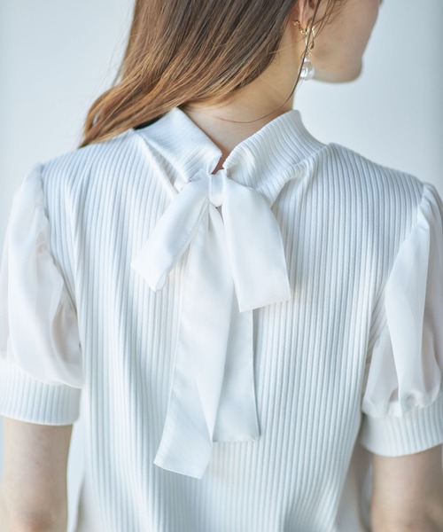 tocco closet（トッコ　クローゼット）の「後ろりぼん付きシフォンスリーブ切り替えリブカットプルオーバー（Tシャツ/カットソー・レディース・オフホワイト/ピンク/ブラック・M）」の9枚目の写真