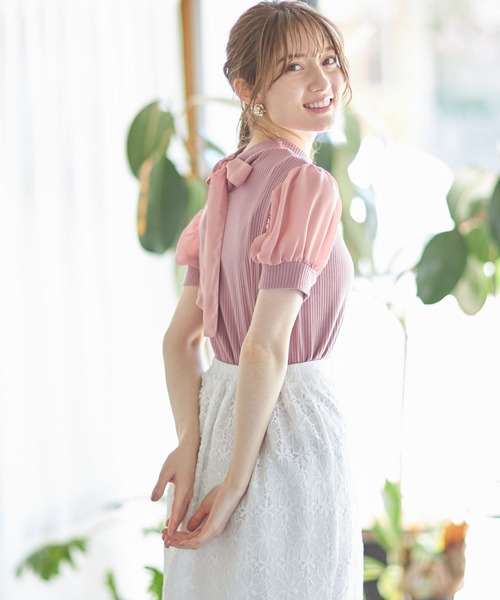 tocco closet（トッコ　クローゼット）の「後ろりぼん付きシフォンスリーブ切り替えリブカットプルオーバー（Tシャツ/カットソー・レディース・オフホワイト/ピンク/ブラック・M）」の7枚目の写真