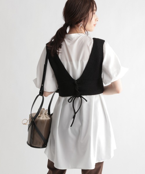 Andemiu（アンデミュウ）の「【セットアイテム】ニットビスチェツキシャツワンピース950462（チュニック・レディース・ブラック/ベージュ/ブラウン・FREE）」の2枚目の写真