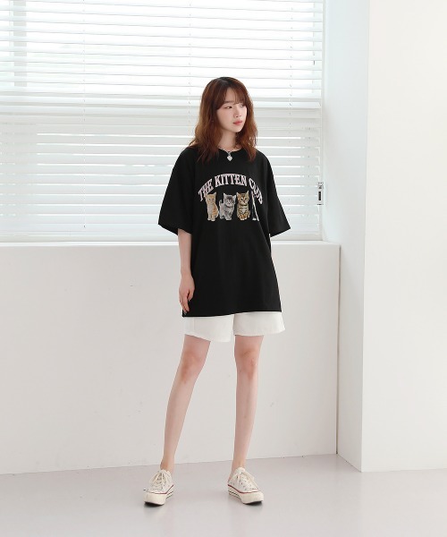 by muni:r(バイ ムニール)の「猫アニマルプリンティング半袖Tシャツ(Tシャツ/カットソー・レディース・ブラック/アイボリー・FREE)」の16枚目の写真