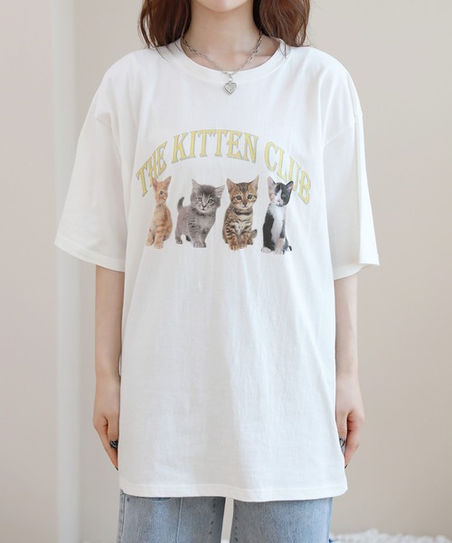 by muni:r(バイ ムニール)の「猫アニマルプリンティング半袖Tシャツ(Tシャツ/カットソー・レディース・ブラック/アイボリー・FREE)」の9枚目の写真