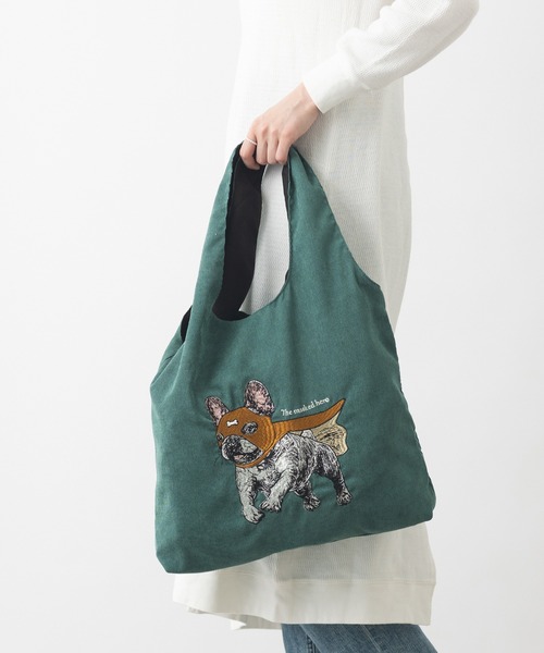 アニマル刺繍 コーデュロイ トートバッグ 犬 ネコ（トートバッグ 