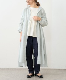 先染めストライプノーカラーワンピース
