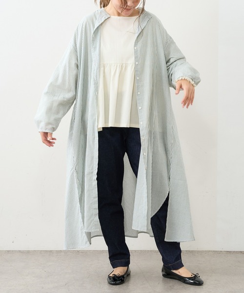 PUAL CE CIN（ピュアルセシン）の「先染めストライプノーカラーワンピース（ワンピース・レディース・ブラック/ブラウン/グリーン/ブルー・FREE）」の12枚目の写真