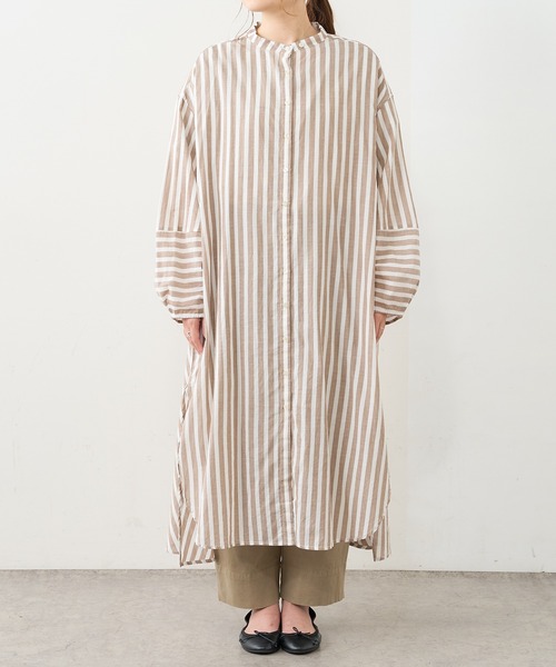 PUAL CE CIN（ピュアルセシン）の「先染めストライプノーカラーワンピース（ワンピース・レディース・ブラック/ブラウン/グリーン/ブルー・FREE）」の15枚目の写真