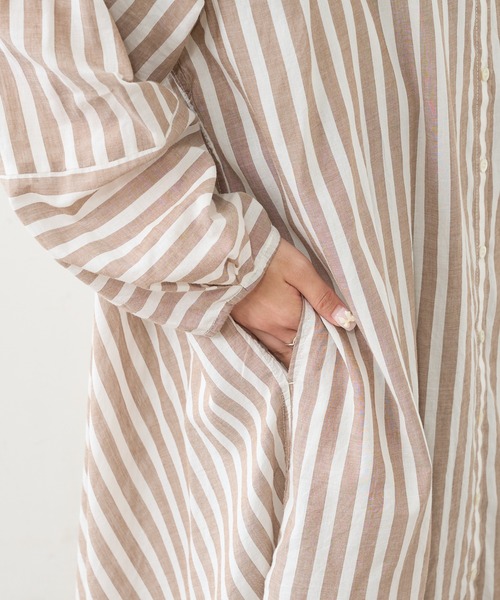 PUAL CE CIN（ピュアルセシン）の「先染めストライプノーカラーワンピース（ワンピース・レディース・ブラック/ブラウン/グリーン/ブルー・FREE）」の21枚目の写真