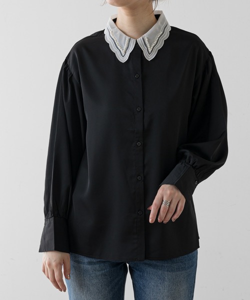 natural couture（ナチュラルクチュール）の「パールカラークラシカルブラウス（シャツ/ブラウス・レディース・ブラック/オフホワイト・FREE）」の7枚目の写真