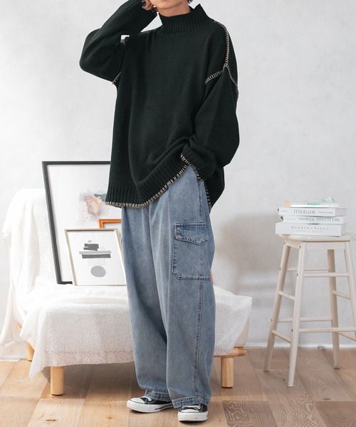 PairPair（ペアペア）の「ハンドステッチ風ニット(ユニセックス)（ニット/セーター・レディース・ブラック/アイボリー/ブルー系その他・MEDIUM/LARGE）」の19枚目の写真