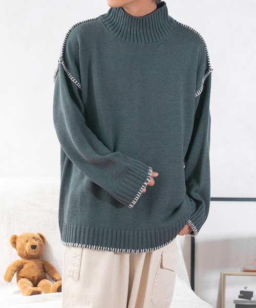 PairPair（ペアペア）の「ハンドステッチ風ニット(ユニセックス)（ニット/セーター・レディース・ブラック/アイボリー/ブルー系その他・MEDIUM/LARGE）」の5枚目の写真