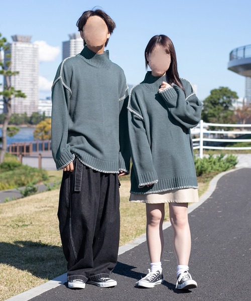 PairPair（ペアペア）の「ハンドステッチ風ニット(ユニセックス)（ニット/セーター・レディース・ブラック/アイボリー/ブルー系その他・MEDIUM/LARGE）」の14枚目の写真