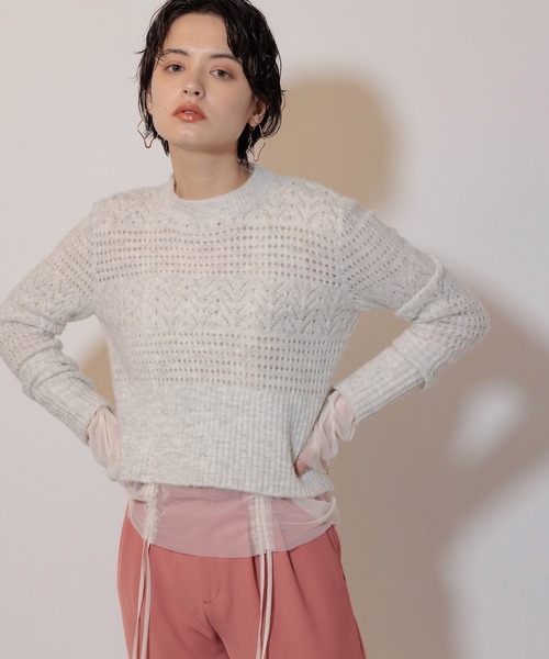 Limue(リミュ)の「透かし編みニットプルオーバー(ニット/セーター・レディース・パープル/ライトグレー/モカ・FREE)」の1枚目の写真