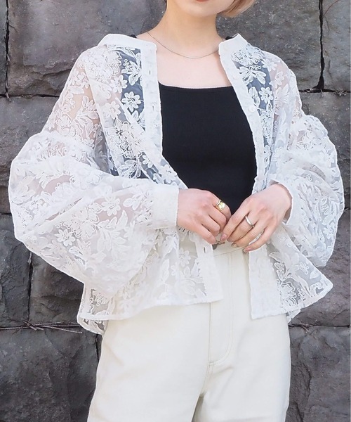 総刺繍バンドカラーレースブラウス