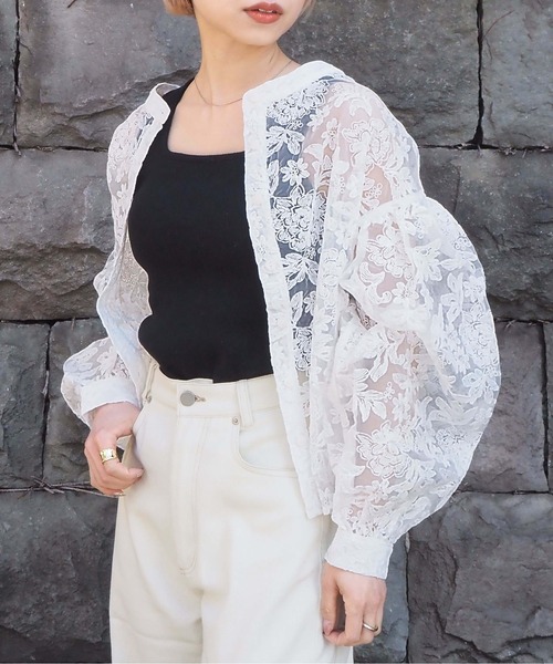 総刺繍バンドカラーレースブラウス