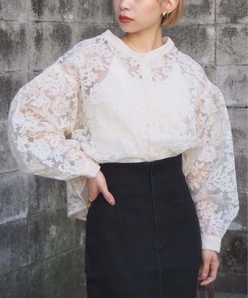 総刺繍バンドカラーレースブラウス