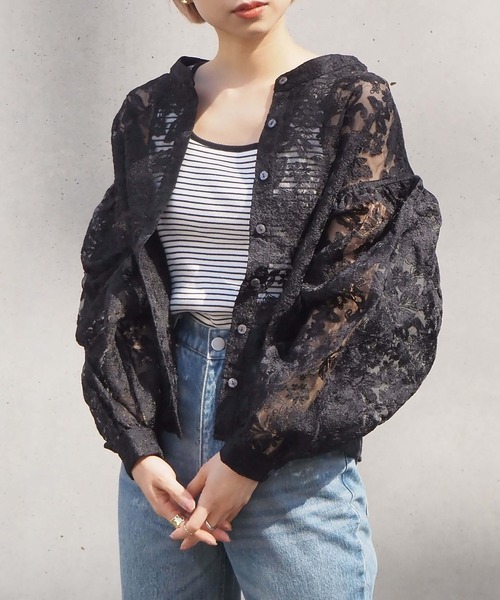 総刺繍バンドカラーレースブラウス