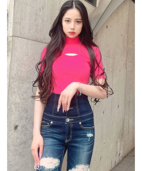 GYDA（ジェイダ）の「フロントオープン グラインダーニットトップス（ニット/セーター・レディース・オフホワイト/ブラック/ピンク・FREE）」の8枚目の写真