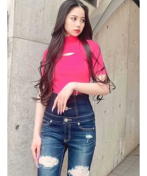 GYDA（ジェイダ）の「フロントオープン グラインダーニットトップス（ニット/セーター・レディース・オフホワイト/ブラック/ピンク・FREE）」の5枚目の写真