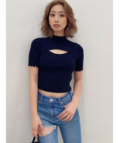 GYDA（ジェイダ）の「フロントオープン グラインダーニットトップス（ニット/セーター・レディース・オフホワイト/ブラック/ピンク・FREE）」の7枚目の写真