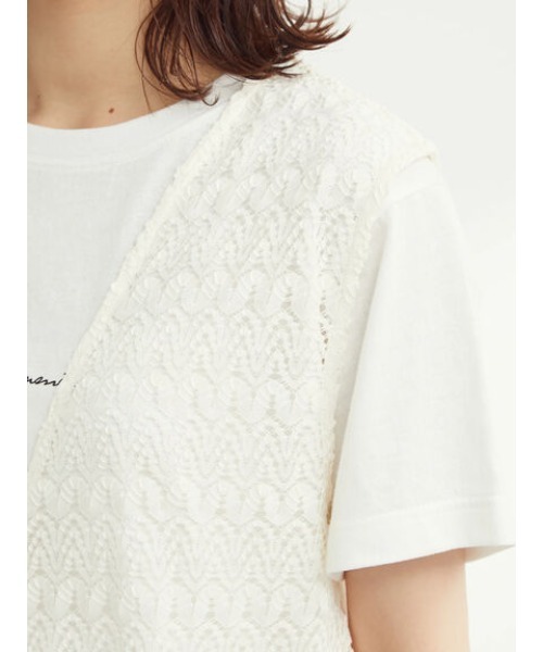 Green　Parks（グリーンパークス）の「カットレースロングジレ＊（ベスト・レディース・ブラック/オフホワイト・FREE）」の3枚目の写真