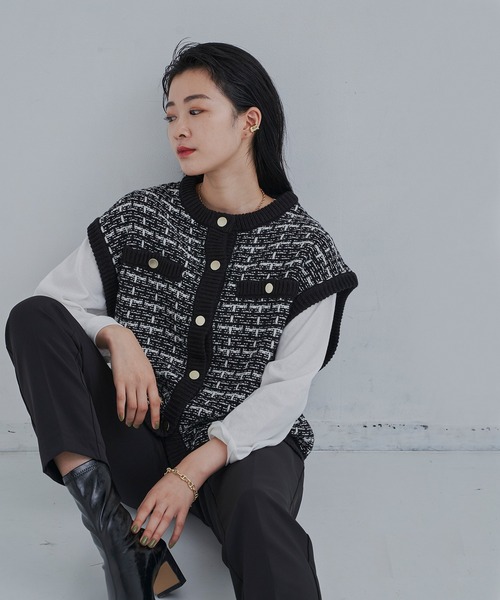 CLEARIMPRESSION （クリアインプレッション）の「ツイードニットベスト（ベスト・レディース・ブラック/ベージュ・FREE）」の16枚目の写真