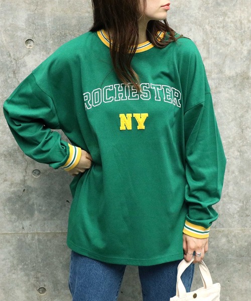 HONEYSUCKLE ROSE(ハニーサックルローズ)の「【HONEYSUCKLE ROSE】配色リブロンT(Tシャツ/カットソー・レディース・ネイビー/グリーン/ベージュ・M/L)」の3枚目の写真