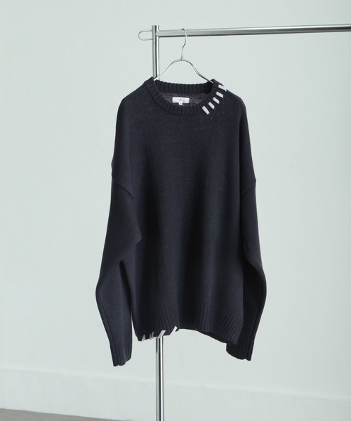 NILWAY(ニルウェイ)の「ハンドステッチ配色デザインニット(ニット/セーター・メンズ・グレー/チャコール・LARGE/MEDIUM)」の1枚目の写真