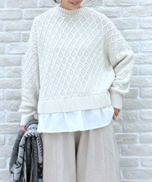 studio CLIP（スタディオクリップ）の「7G柄編みドッキングニットプルオーバー（ニット/セーター・レディース・オフホワイト/ブルー/ベージュ/イエロー・FREE）」の2枚目の写真