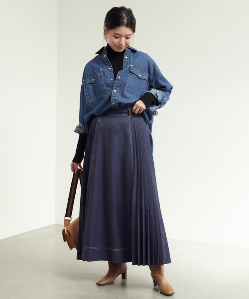 B.C STOCK（ベーセーストック）の「デニムライクプリーツスカート（スカート・レディース・ネイビー/イエロー・FREE）」の7枚目の写真