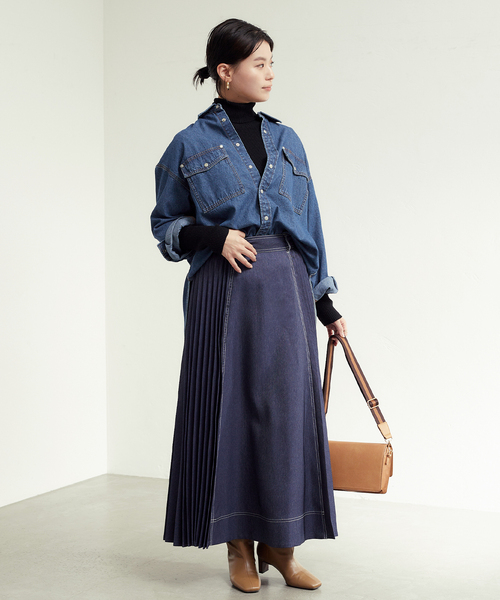 B.C STOCK（ベーセーストック）の「デニムライクプリーツスカート（スカート・レディース・ネイビー/イエロー・FREE）」の9枚目の写真