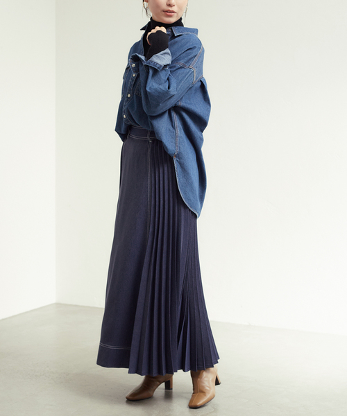 B.C STOCK（ベーセーストック）の「デニムライクプリーツスカート（スカート・レディース・ネイビー/イエロー・FREE）」の12枚目の写真