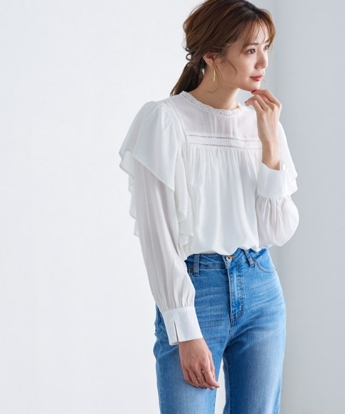 Pierrot（ピエロ）の「マルチwayフリルレースブラウス（Tシャツ/カットソー・レディース・ネイビー/ブラック/オフホワイト・L/M）」の4枚目の写真