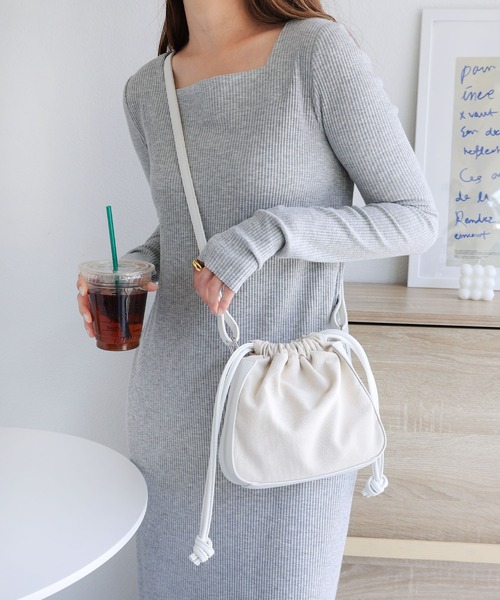 合成皮革×キャンバス巾着ミニショルダーバッグ（ショルダーバッグ  