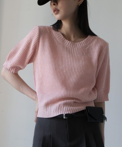 Ulysses（ユリシス）の「パフスリサマーニットトップス（ニット/セーター・レディース・ブラック/ホワイト/ピンク/ブルー/グリーン・F）」の5枚目の写真