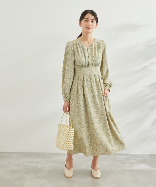 グリードバイブロンディー 【M】 日本製 ベロア小花柄ひざ丈ワンピースチュニック パステル小花柄ワンピ＊Z293 | cherie ange