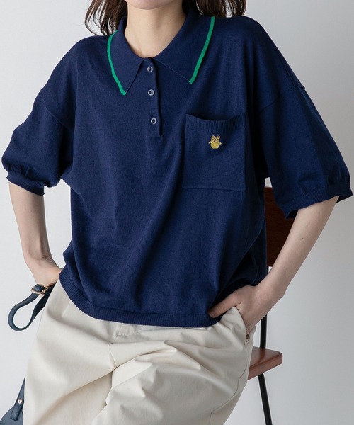 BONLECILL(ボンルシール)の「【JAMMINコラボ】フランスパンモチーフ刺繍 配色ライン ニットポロプルオーバー(ポロシャツ・レディース・ネイビー/ブラック/オフホワイト/ブルー・FREE)」の3枚目の写真